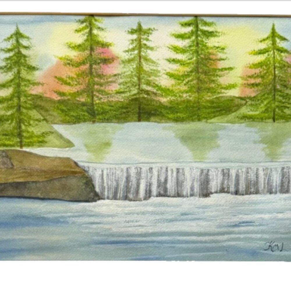 Painting Watercolor Forest Trees River Waterfall Landscape Art 11x14 Mat 16x20